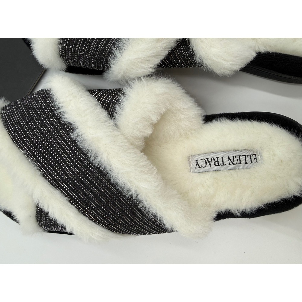 EllenTracy Women Faux Fur Crisscross Memory Foam Slippers Black Silver Small 6-7 - Picture 3 of 5